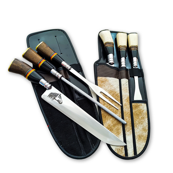 Kit de Churrasco Artesanal 10" - Faca, Chaira e Garfo